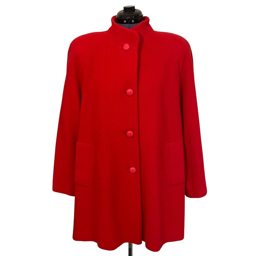 Vtg DUMAS Red Wool Button Up Mock Collar Coat Union USA Winter Chic Retro Bold M